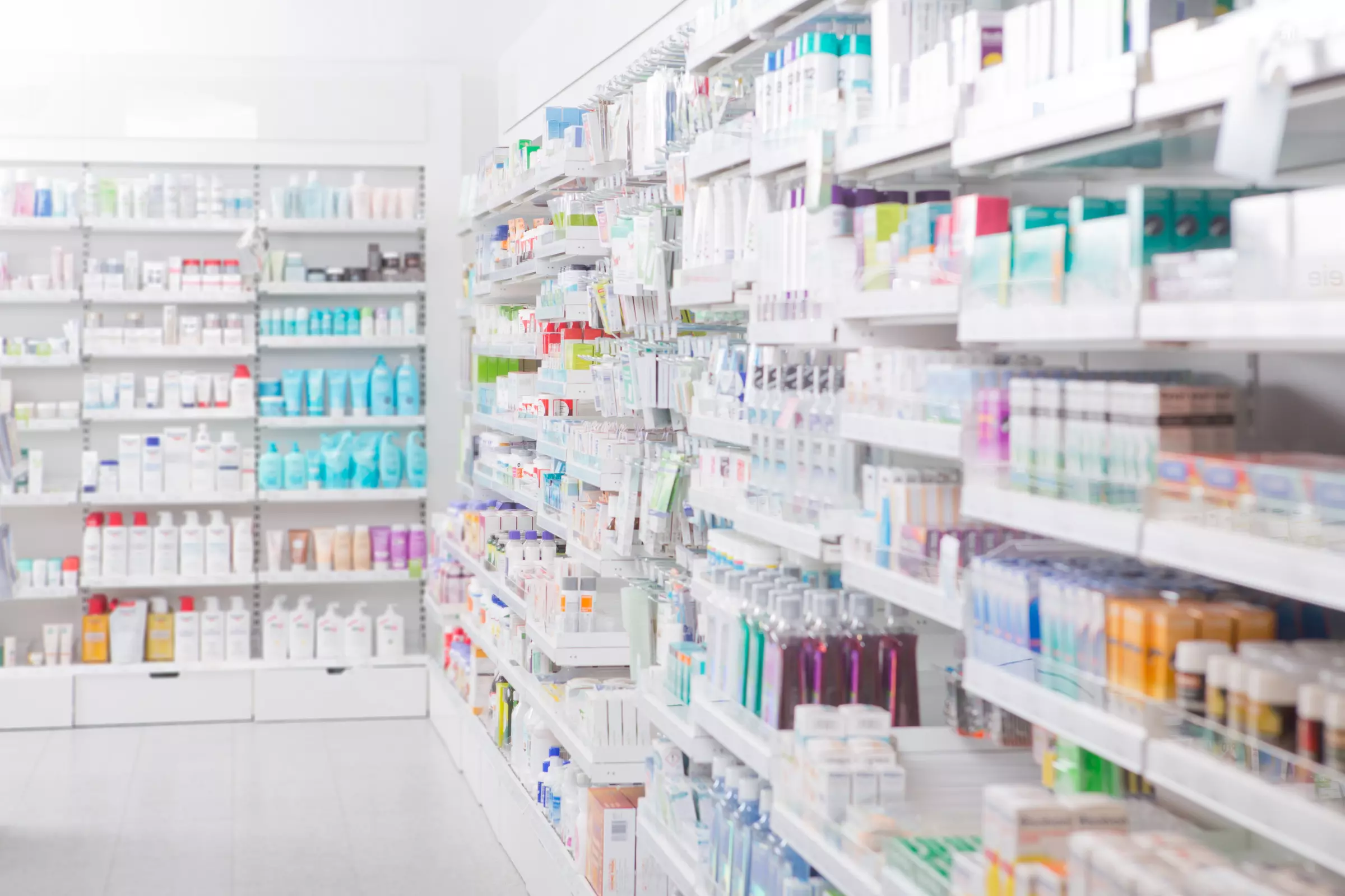 Medicine on shelves in pharmacy